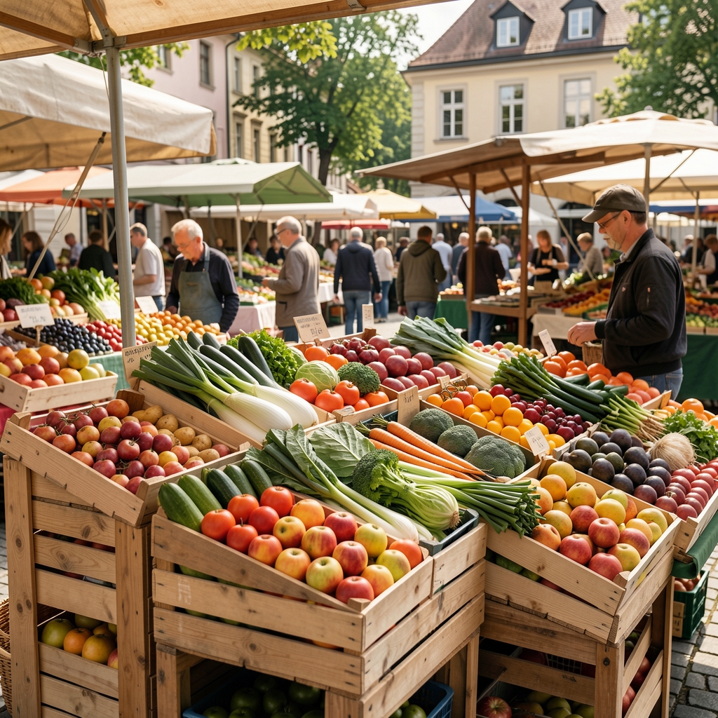 Frischer Schweizer Wochenmarkt mit saisonalem Gemüse und Obst in Holzkisten, natürliches Tageslicht