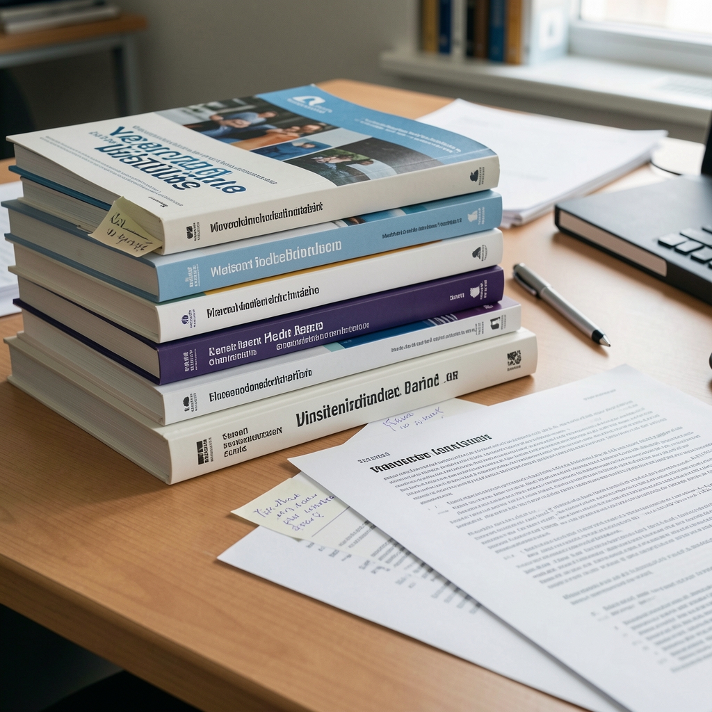 Stapel wissenschaftlicher Fachzeitschriften und ausgedruckter Studien auf einem Arbeitstisch, Notizen an den Rändern