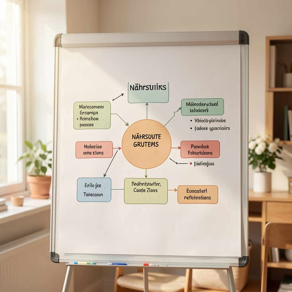 Grafik mit Nährstoffgruppen auf einem Flipchart-Blatt, freundliches Tageslicht im Hintergrund