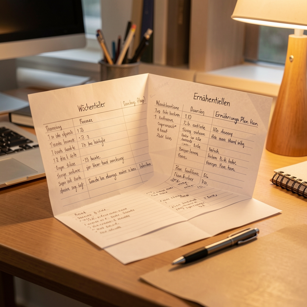 Wöchentlicher Ernährungsplan aufgeklappt auf einem Schreibtisch, handschriftliche Notizen, warmes Bürolicht