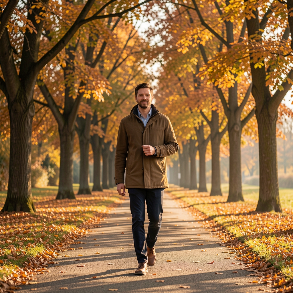 Person beim Morgenspaziergang in einem Schweizer Park, herbstliche Bäume, natürliches Morgenlicht