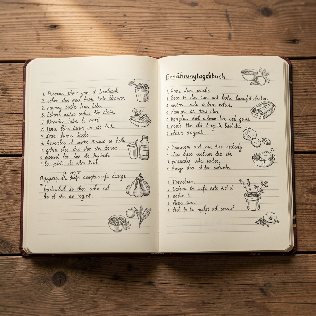 Offenes Ernährungstagebuch mit handschriftlichen Einträgen und kleinen Skizzen, Holzuntergrund, natürliches Licht