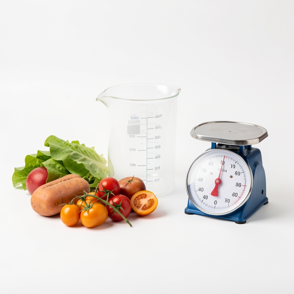 Verschiedene Portionen Lebensmittel auf weissem Hintergrund mit Messbecher und kleiner Waage, Produktionslicht