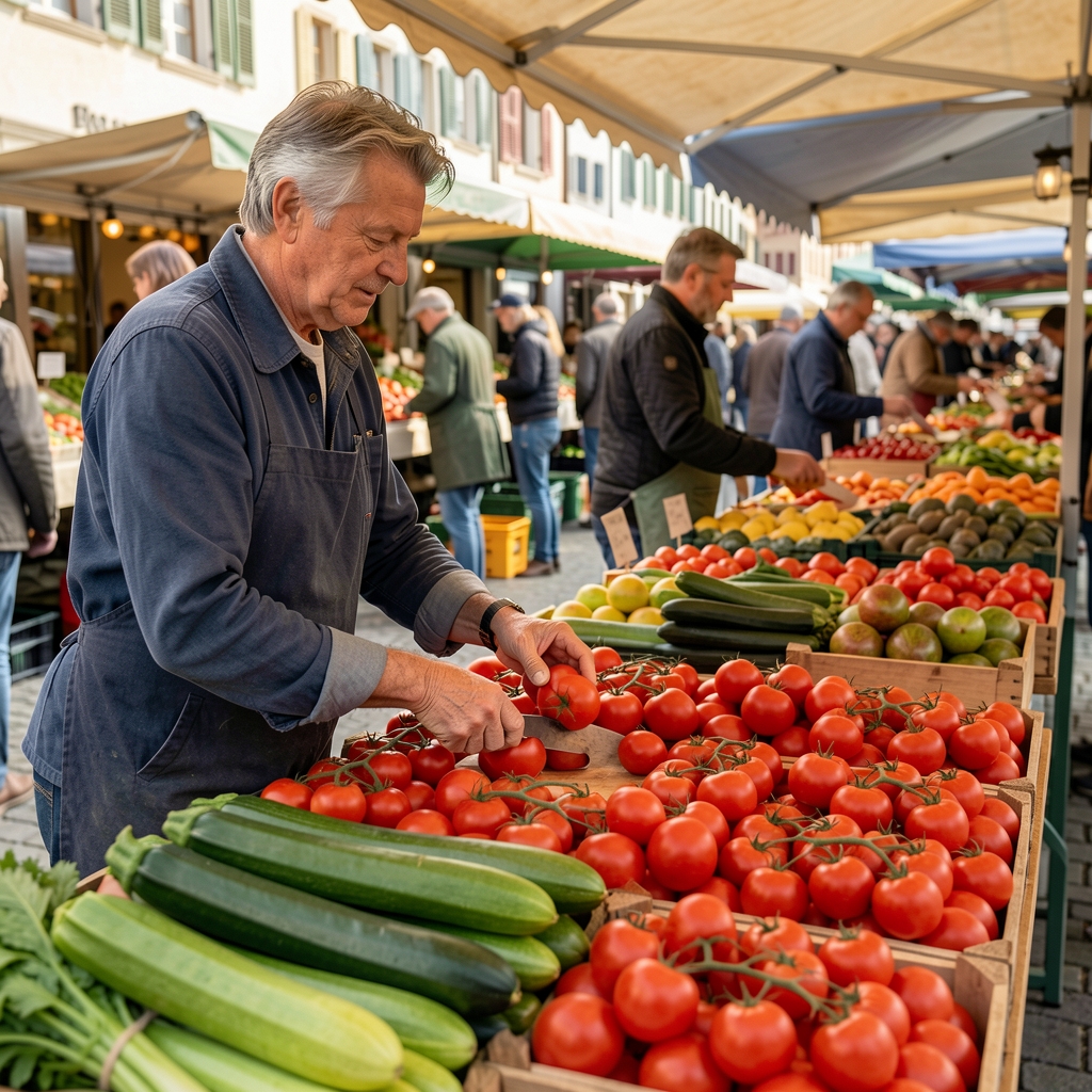 Frische saisonale Produkte auf einem Wochenmarkt in der Schweiz, Händler sortiert Tomaten und Zucchini, natürliches Licht
